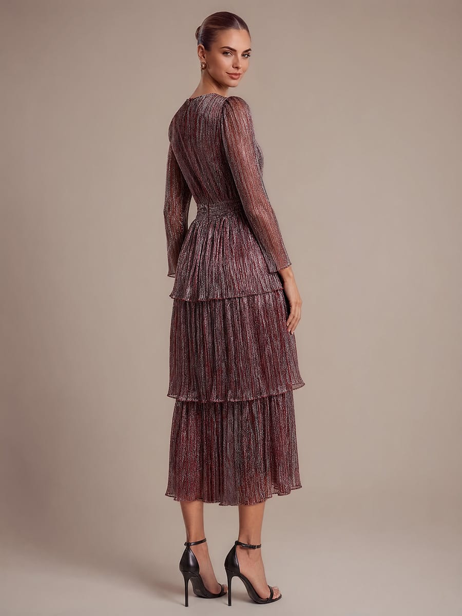 Tiered Tulle A Line Maxi Dress with V Neck Long Sleeve