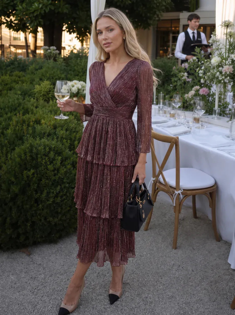 Tiered Tulle A Line Maxi Dress with V Neck Long Sleeve