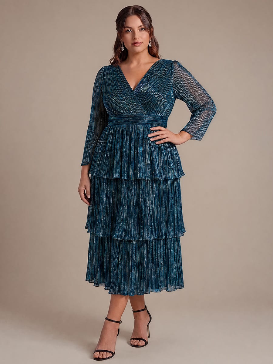 Tiered Tulle A Line Maxi Dress with V Neck Long Sleeve