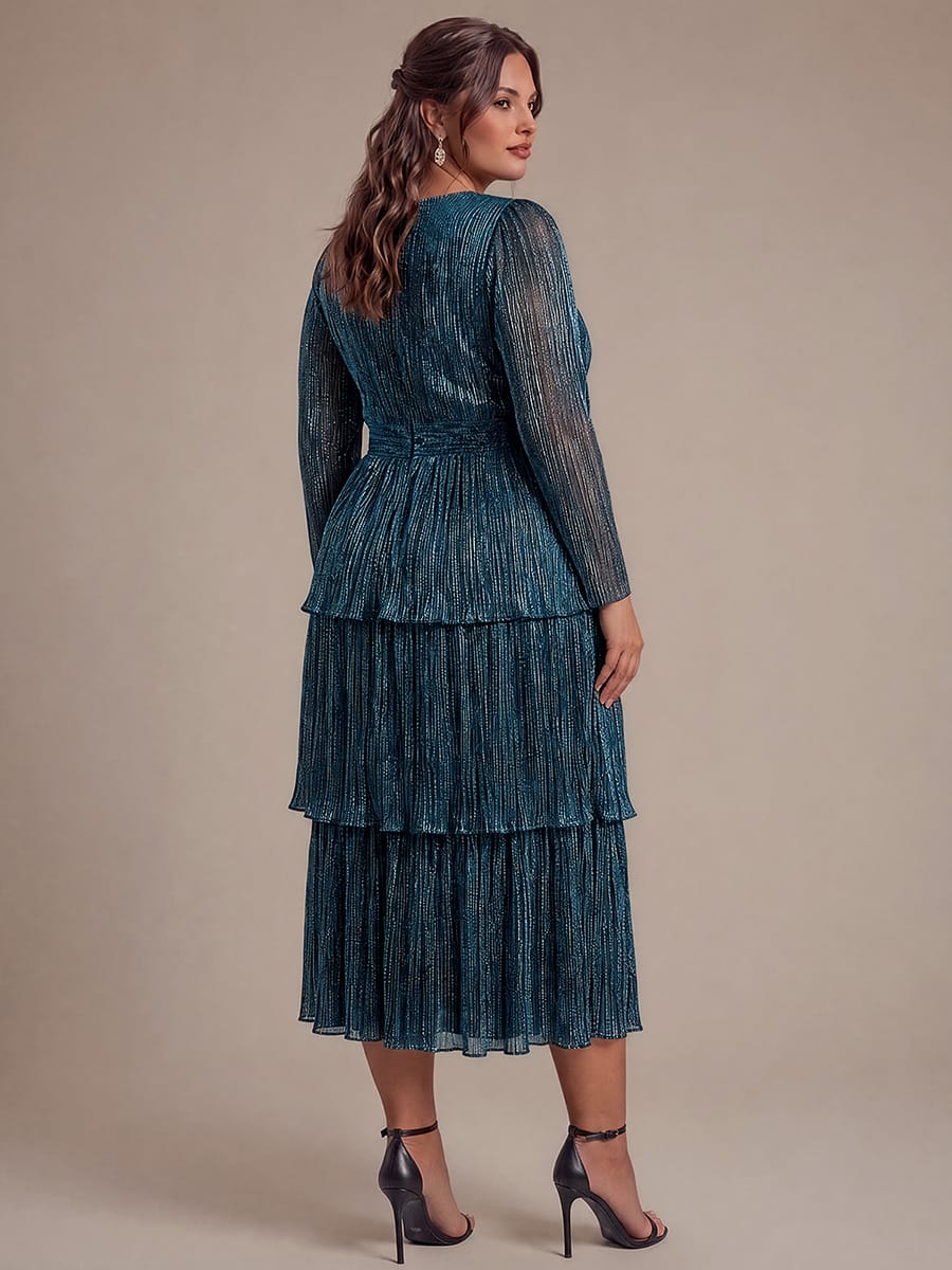 Tiered Tulle A Line Maxi Dress with V Neck Long Sleeve