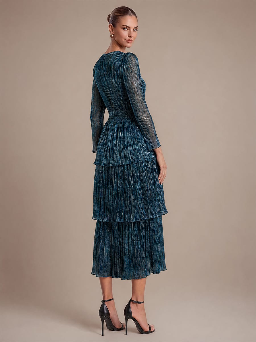 Tiered Tulle A Line Maxi Dress with V Neck Long Sleeve