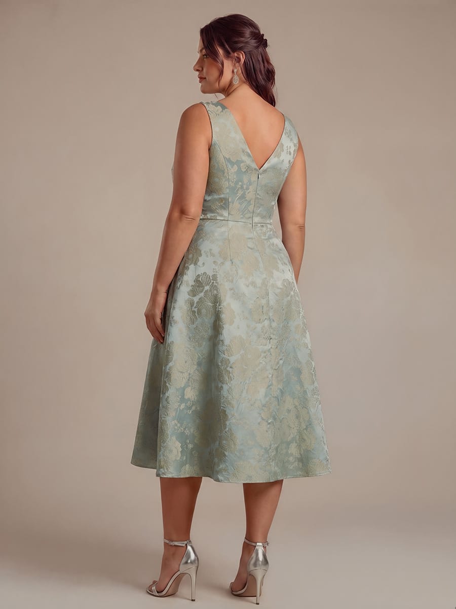 Plus Size Floral Print Jacquard A Line V Neck Midi Dress