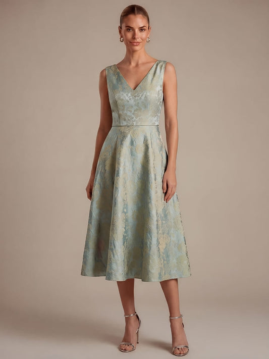 Floral Print Jacquard A Line V Neck Midi Dress