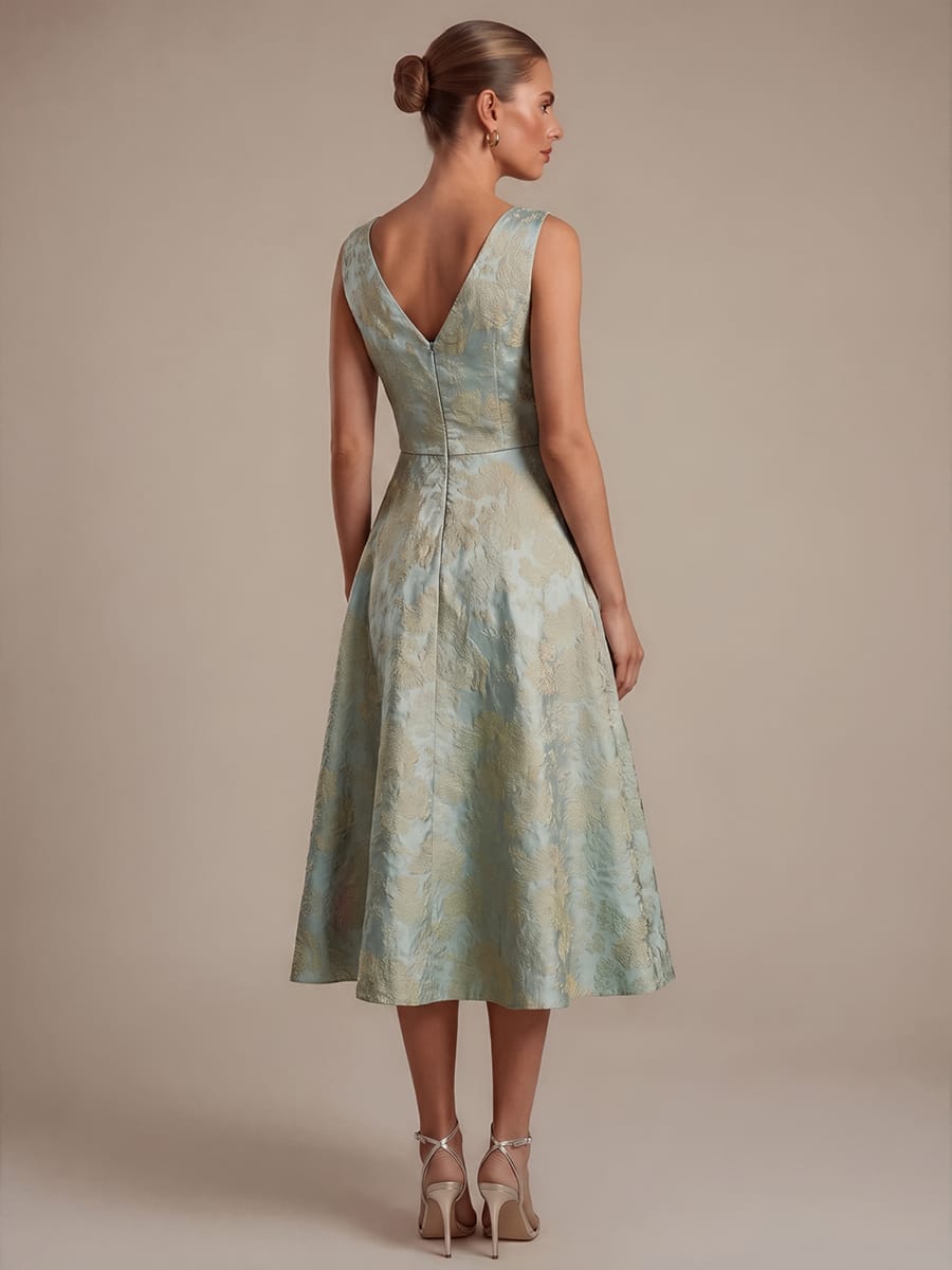 Floral Print Jacquard A Line V Neck Midi Dress