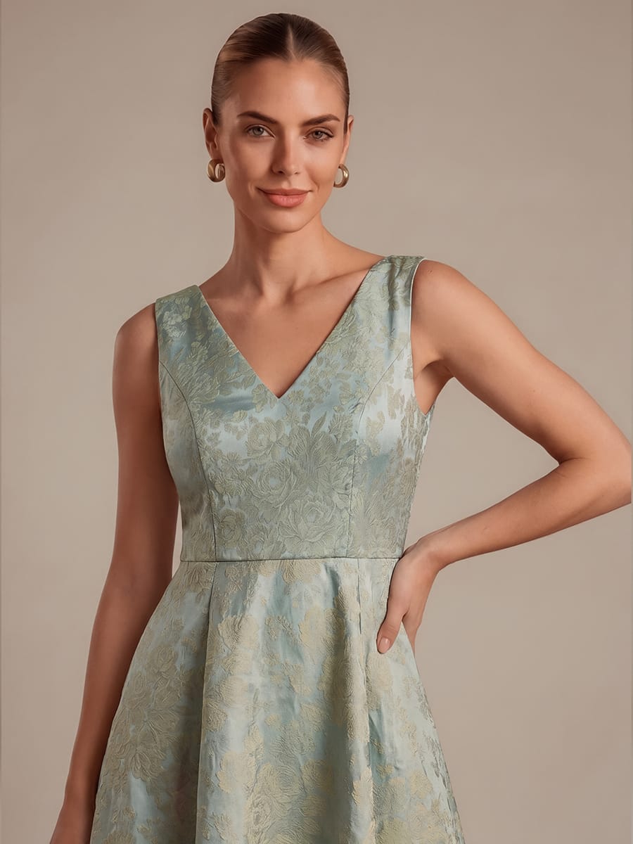 Floral Print Jacquard A Line V Neck Midi Dress