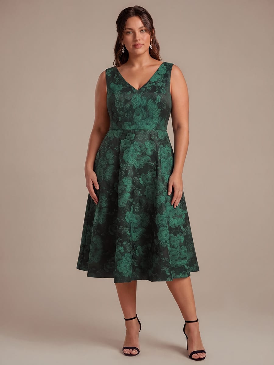 Plus Size Floral Print Jacquard A Line V Neck Midi Dress