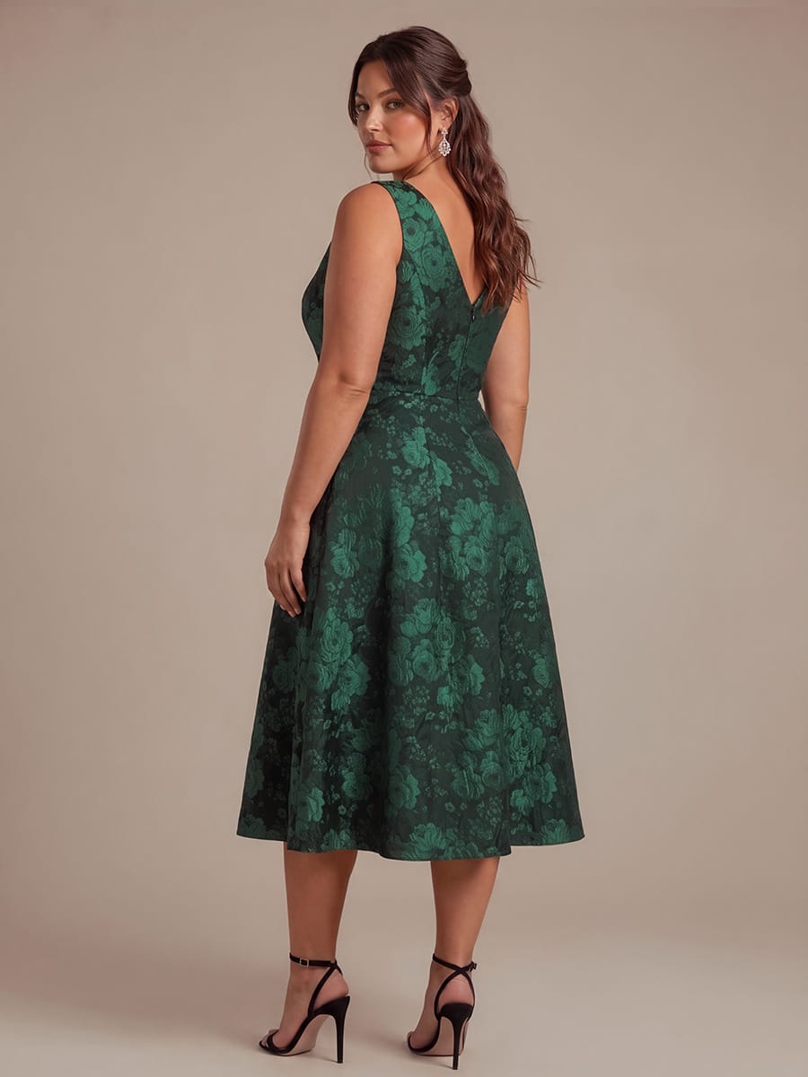 Plus Size Floral Print Jacquard A Line V Neck Midi Dress