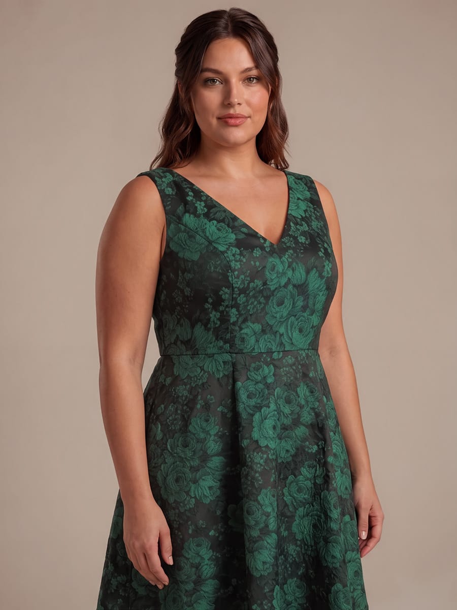 Plus Size Floral Print Jacquard A Line V Neck Midi Dress