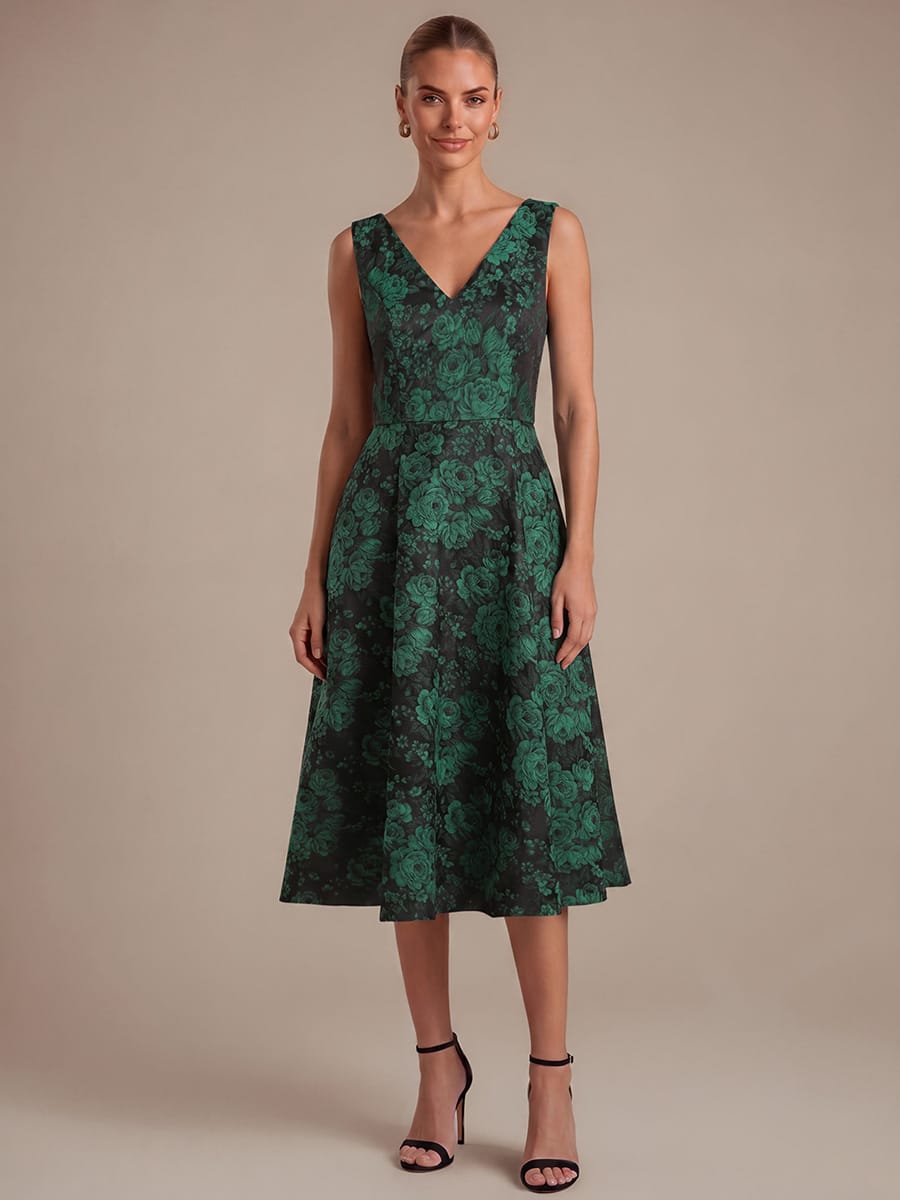 Floral Print Jacquard A Line V Neck Midi Dress