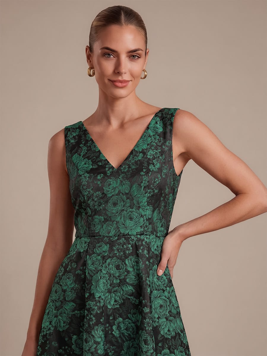 Floral Print Jacquard A Line V Neck Midi Dress