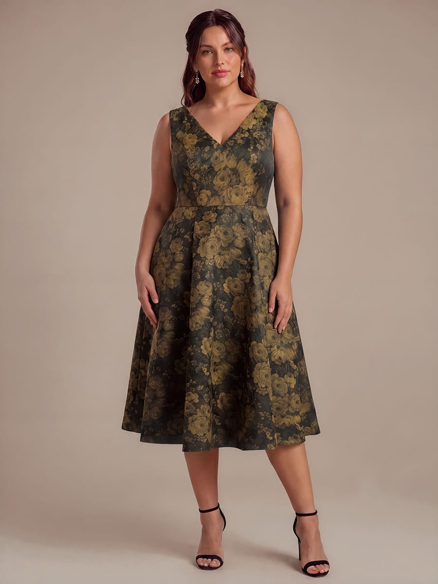 Plus Size Floral Print Jacquard A Line V Neck Midi Dress