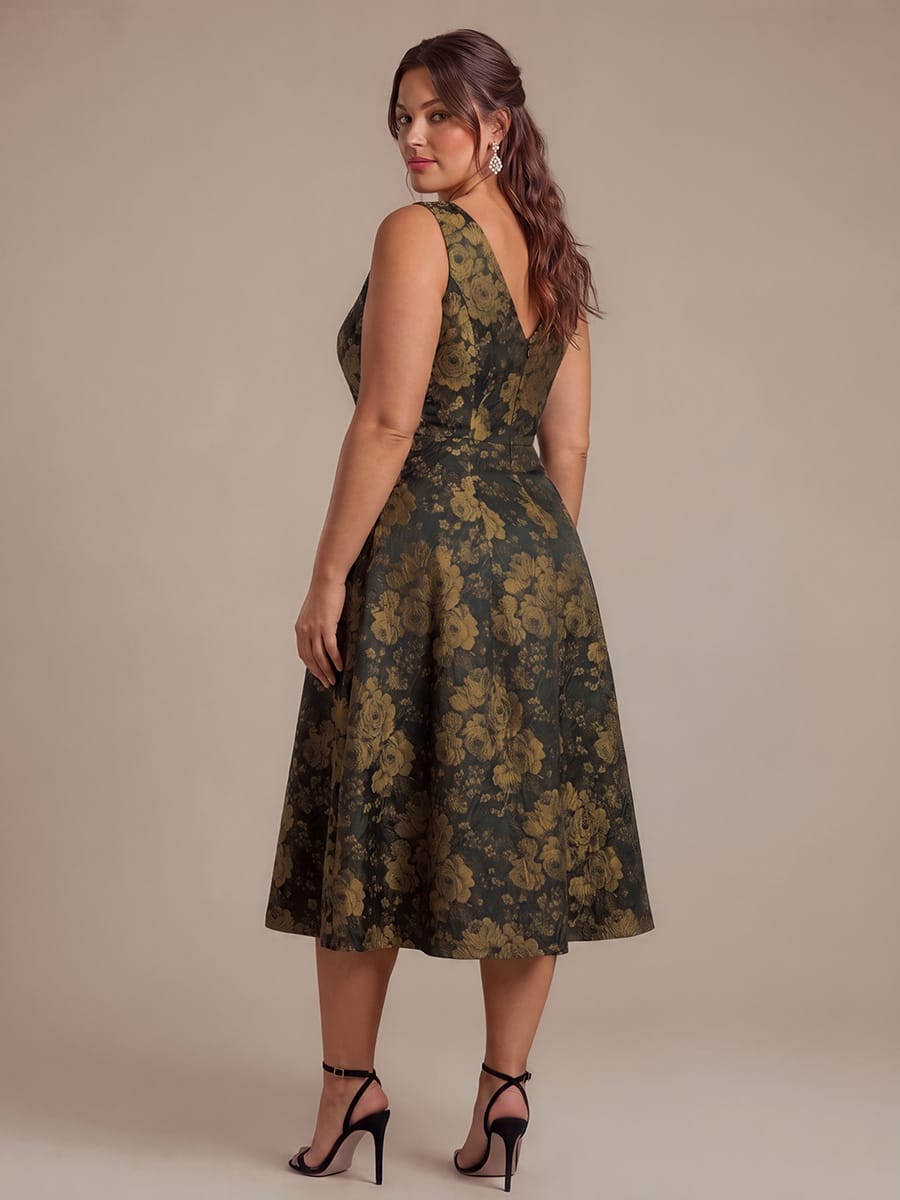 Plus Size Floral Print Jacquard A Line V Neck Midi Dress
