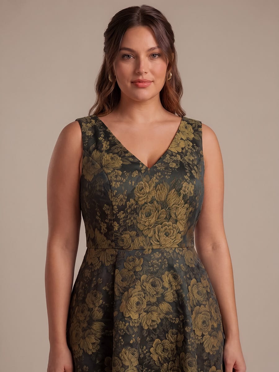 Plus Size Floral Print Jacquard A Line V Neck Midi Dress