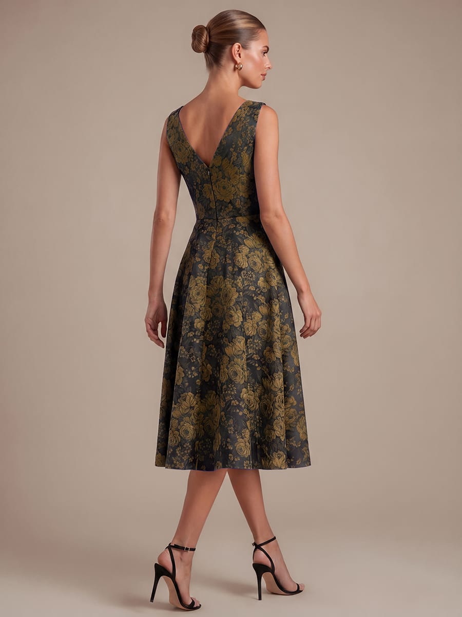 Floral Print Jacquard A Line V Neck Midi Dress