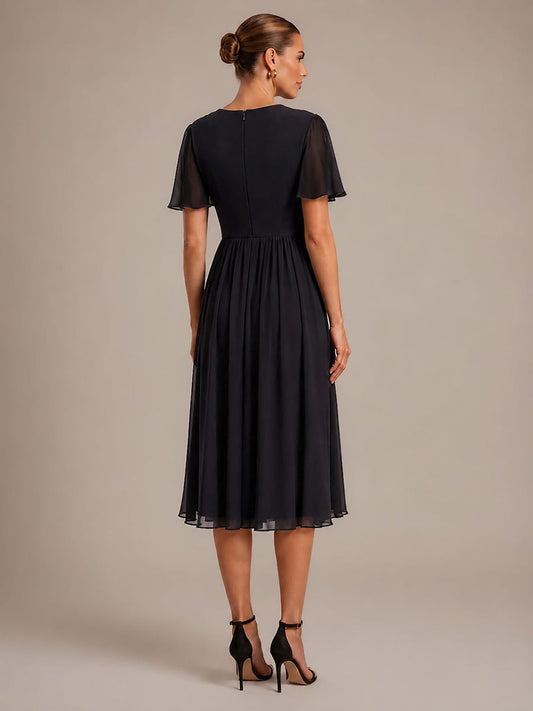 Pleated Ruffle Sleeve Midi Dress