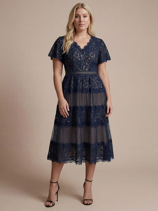 Plus Size High Stretch Lace Spliced A-Line Ruffle Sleeve Patchwork Wedding Guest Dress