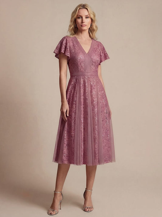 Elegant Lace Ruffle Sleeve Midi Dress Formal Wedding Guest Dress