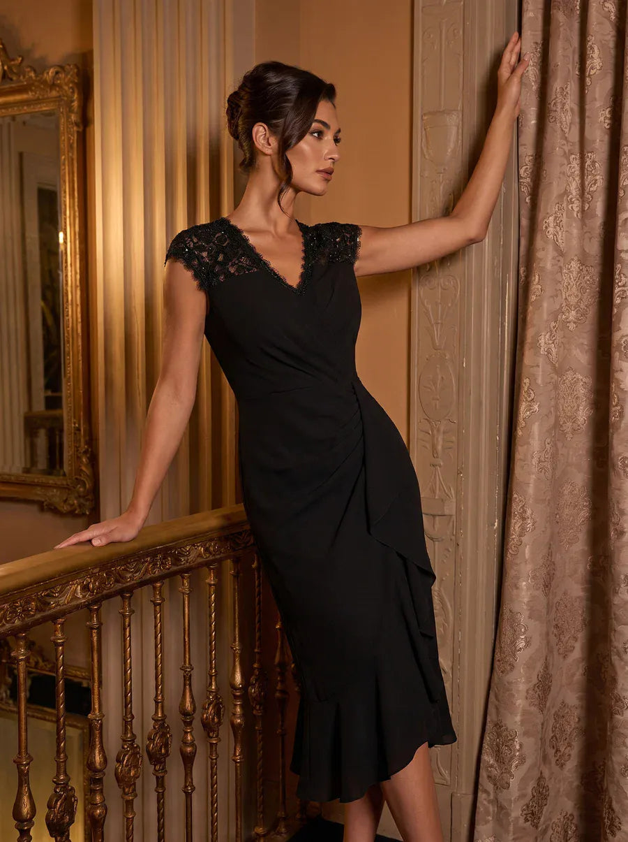 Elegant Cap Sleeve Lace Patchwork Midi Mermaid Wedding Guest Dress
