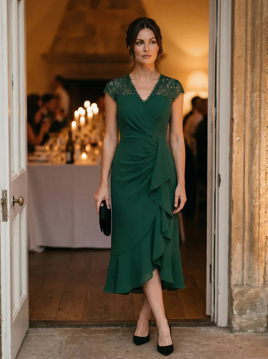 Elegant Cap Sleeve Lace Patchwork Midi Mermaid Wedding Guest Dress