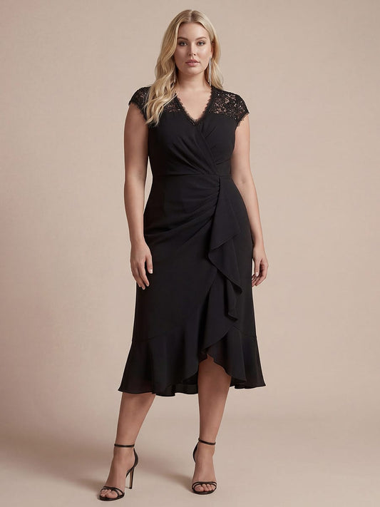 Plus Size Elegant Cap Sleeve Lace Patchwork Midi Mermaid Wedding Guest Dress