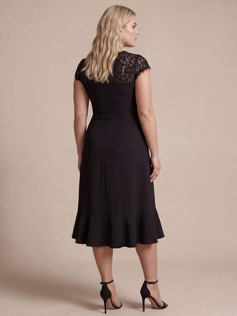 Elegant Cap Sleeve Lace Patchwork Midi Mermaid Wedding Guest Dress