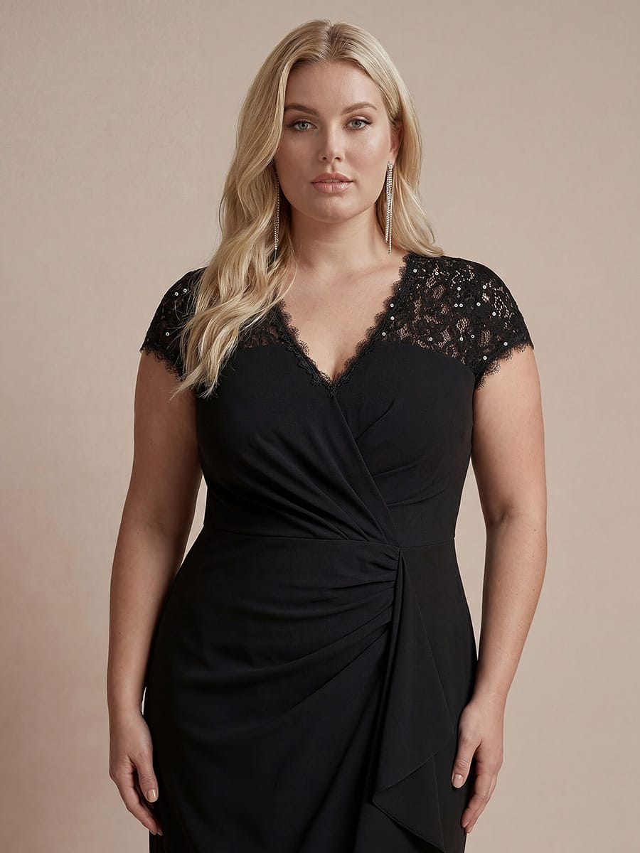 Elegant Cap Sleeve Lace Patchwork Midi Mermaid Wedding Guest Dress