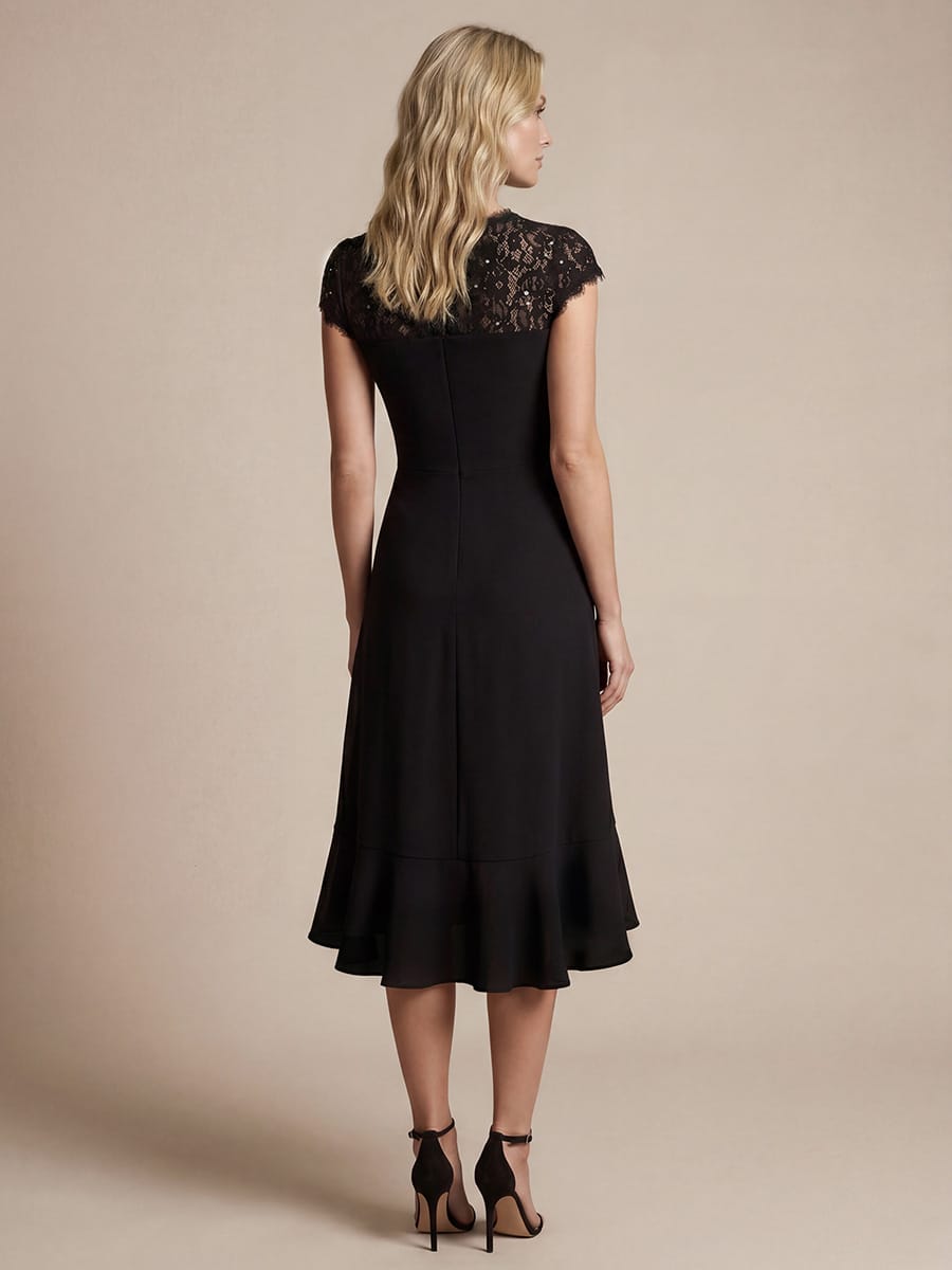 Elegant Cap Sleeve Lace Patchwork Midi Mermaid Wedding Guest Dress