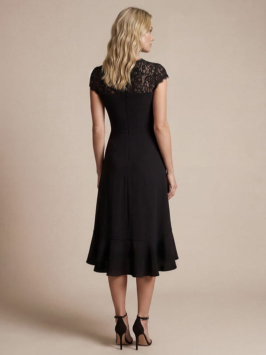 Elegant Cap Sleeve Lace Patchwork Midi Mermaid Wedding Guest Dress