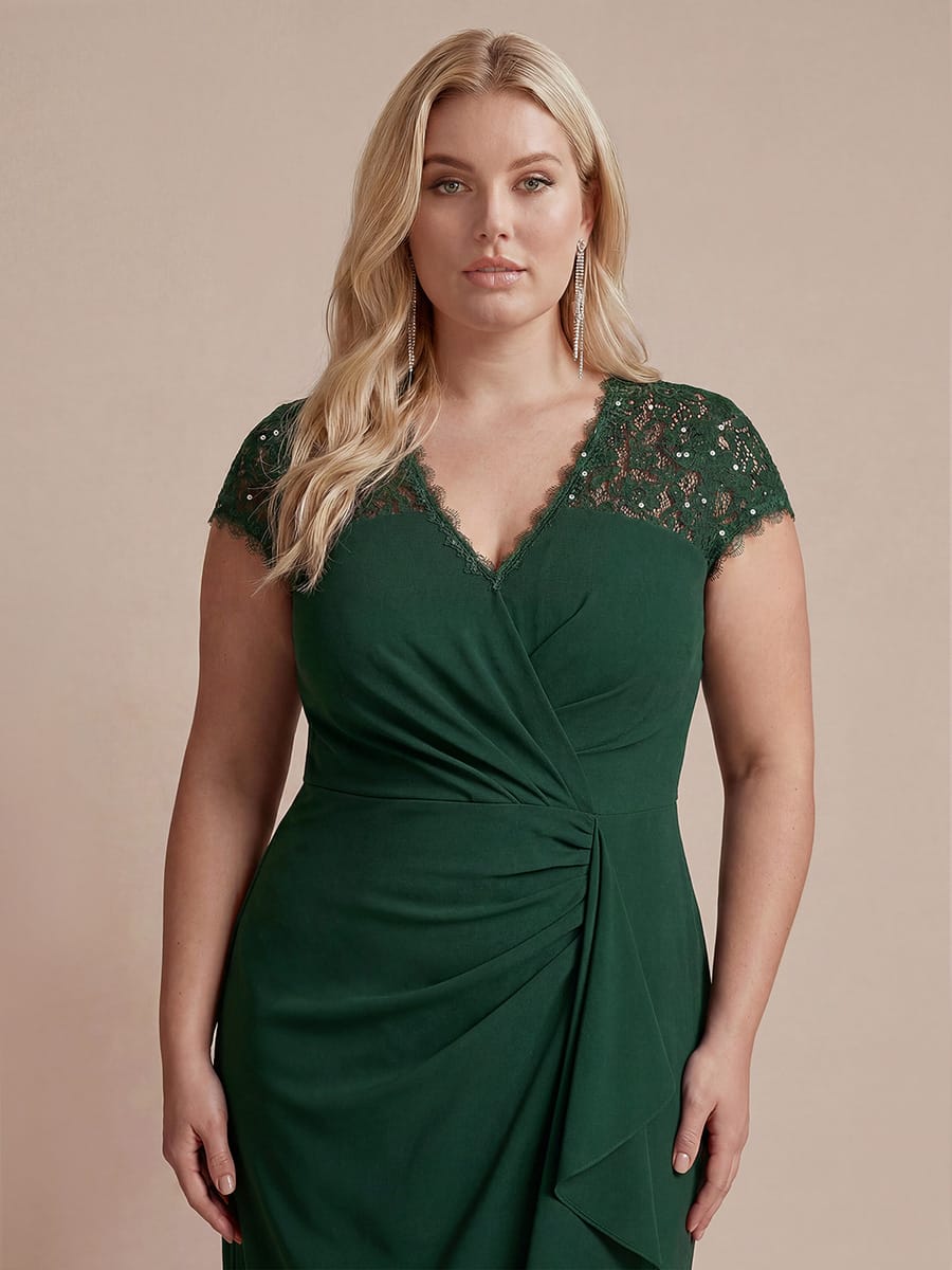 Elegant Cap Sleeve Lace Patchwork Midi Mermaid Wedding Guest Dress