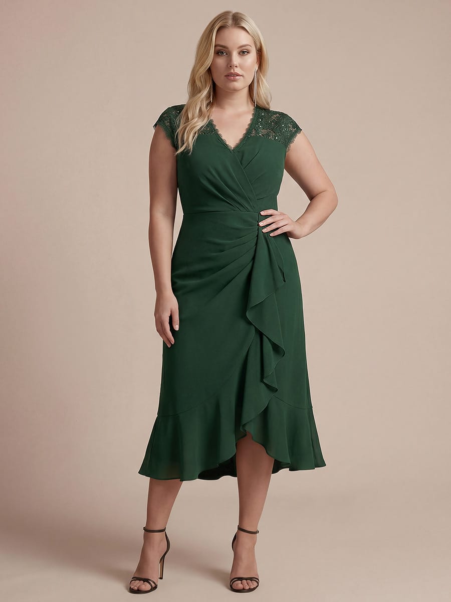 Elegant Cap Sleeve Lace Patchwork Midi Mermaid Wedding Guest Dress