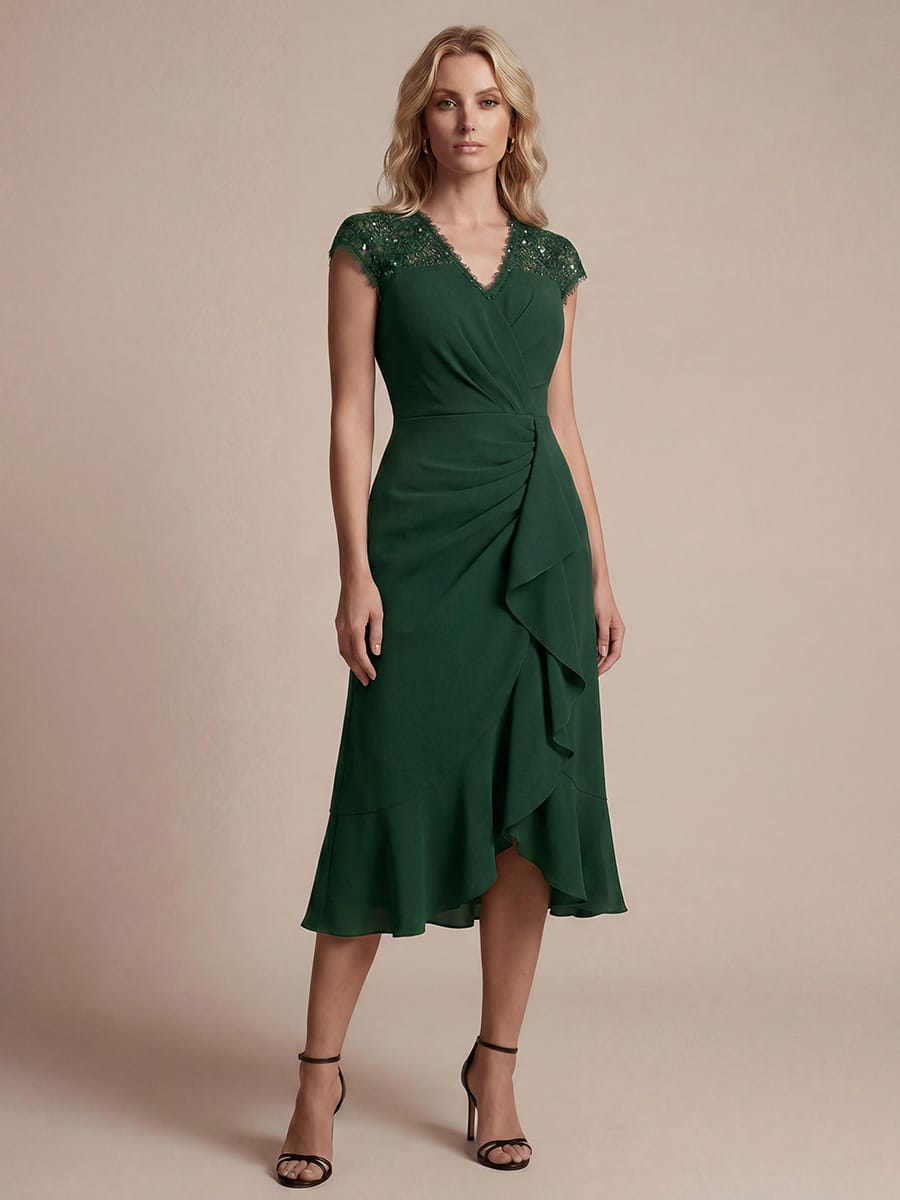 Elegant Cap Sleeve Lace Patchwork Midi Mermaid Wedding Guest Dress