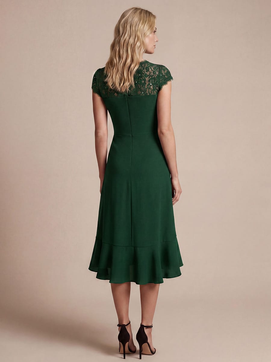 Elegant Cap Sleeve Lace Patchwork Midi Mermaid Wedding Guest Dress