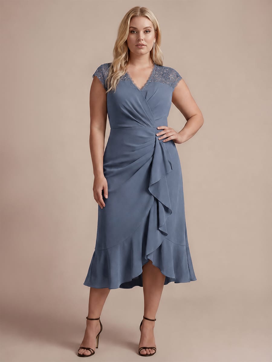Elegant Cap Sleeve Lace Patchwork Midi Mermaid Wedding Guest Dress