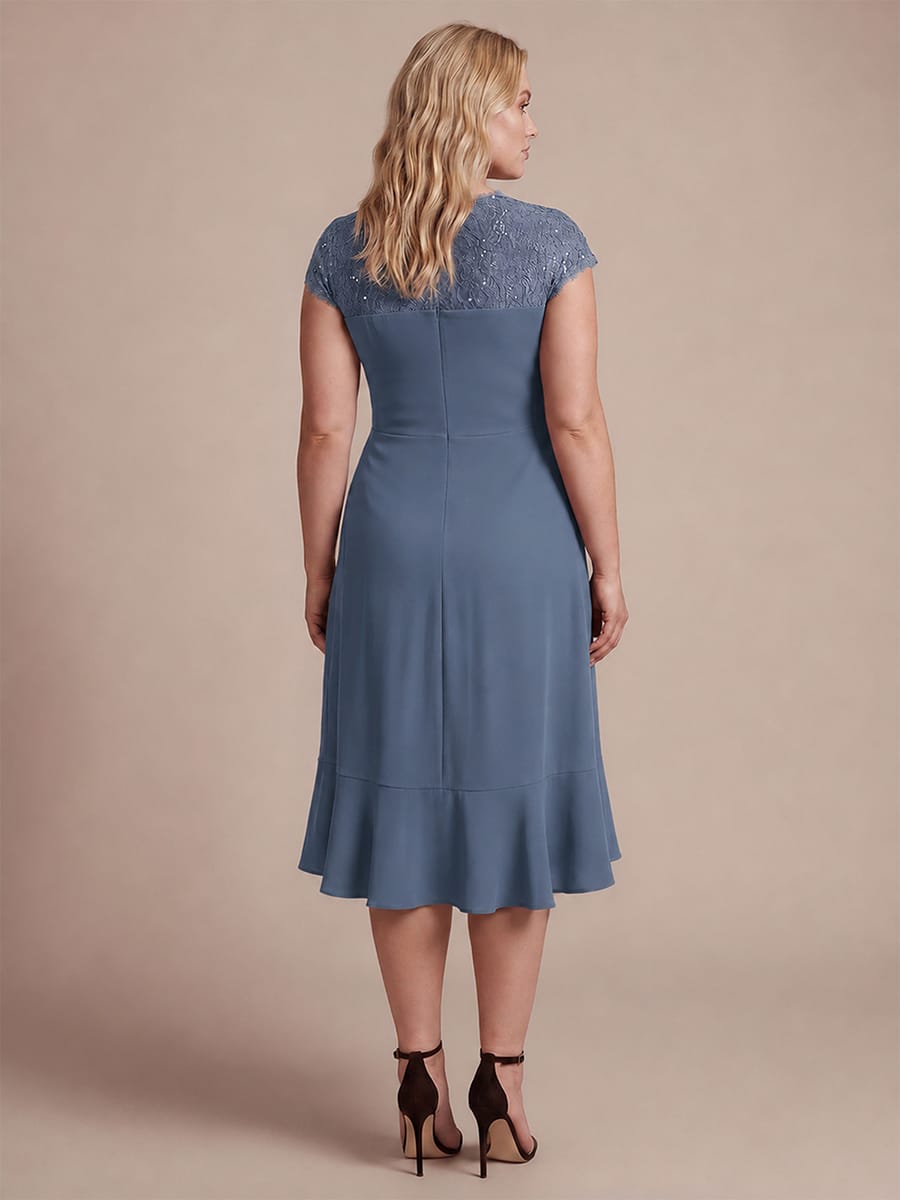 Elegant Cap Sleeve Lace Patchwork Midi Mermaid Wedding Guest Dress