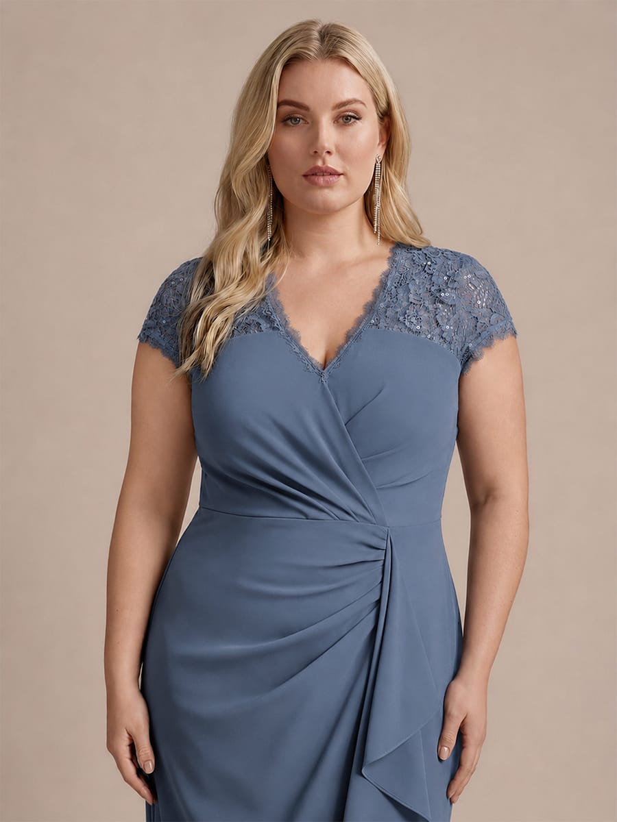Elegant Cap Sleeve Lace Patchwork Midi Mermaid Wedding Guest Dress