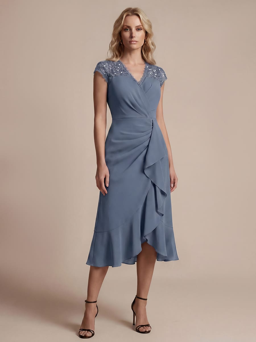 Elegant Cap Sleeve Lace Patchwork Midi Mermaid Wedding Guest Dress