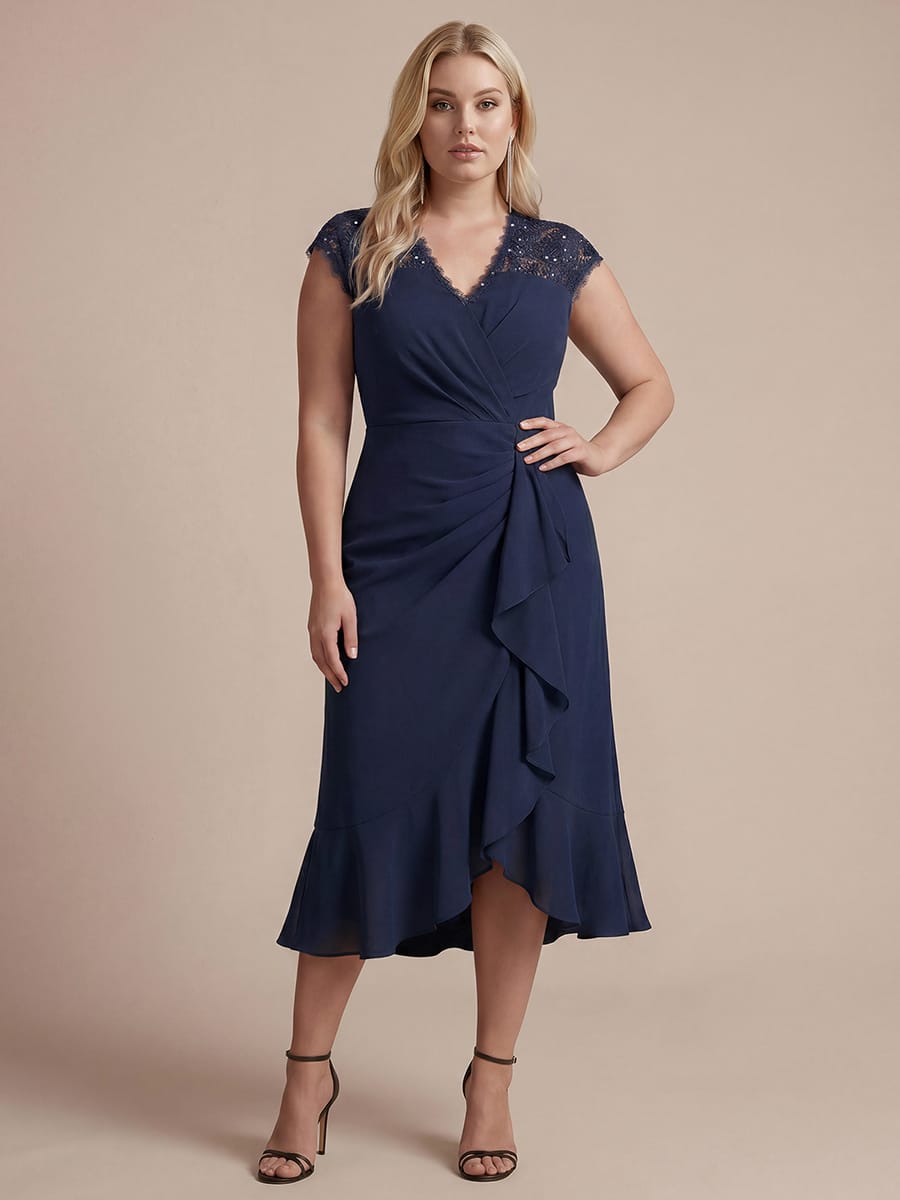 Elegant Cap Sleeve Lace Patchwork Midi Mermaid Wedding Guest Dress