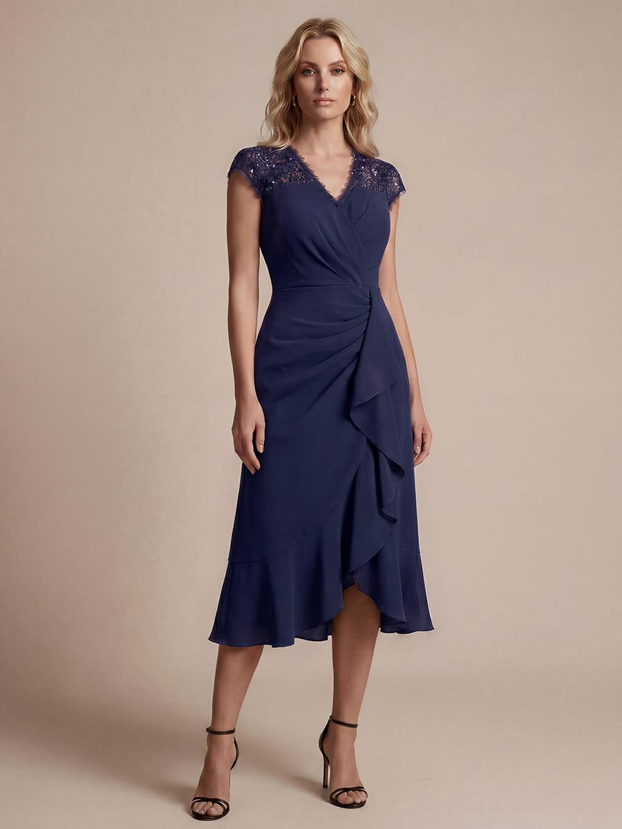 Elegant Cap Sleeve Lace Patchwork Midi Mermaid Wedding Guest Dress