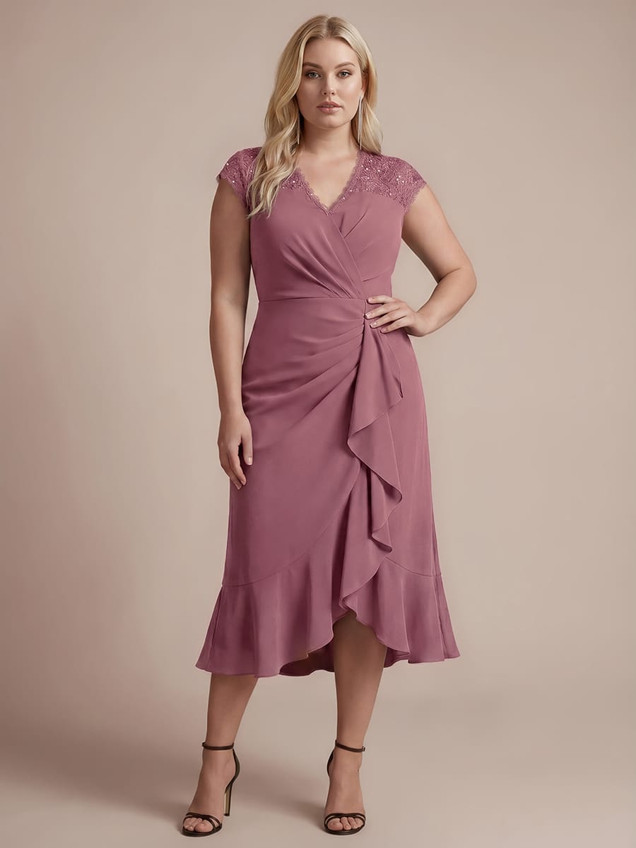 Elegant Cap Sleeve Lace Patchwork Midi Mermaid Wedding Guest Dress