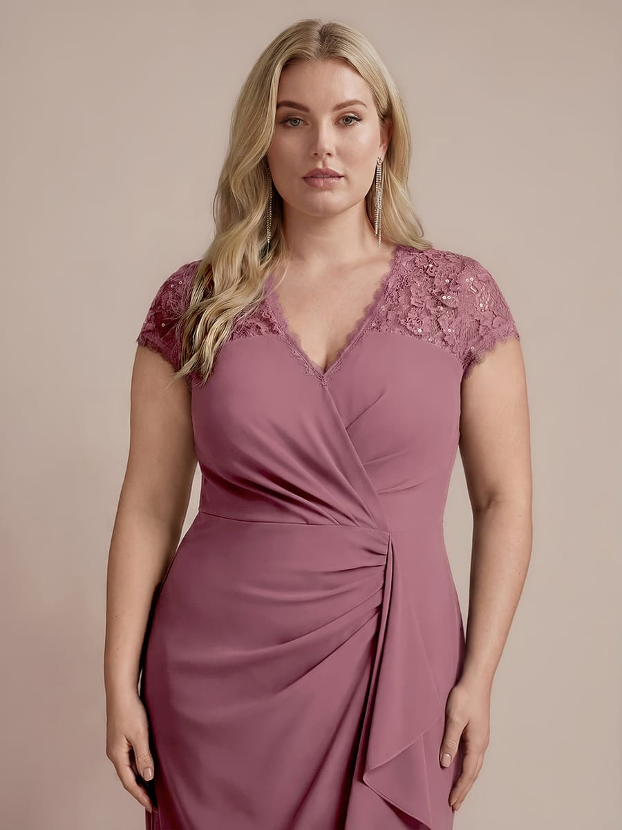 Elegant Cap Sleeve Lace Patchwork Midi Mermaid Wedding Guest Dress