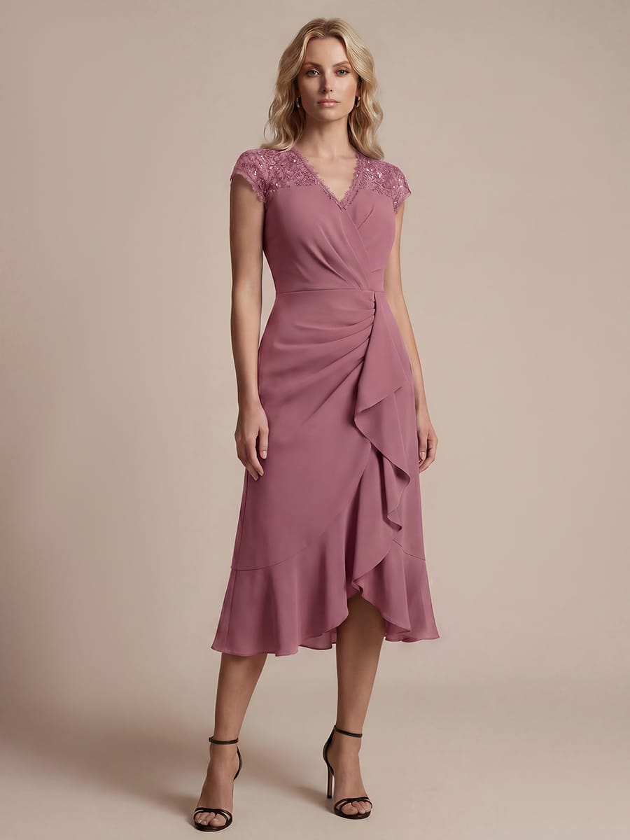 Elegant Cap Sleeve Lace Patchwork Midi Mermaid Wedding Guest Dress