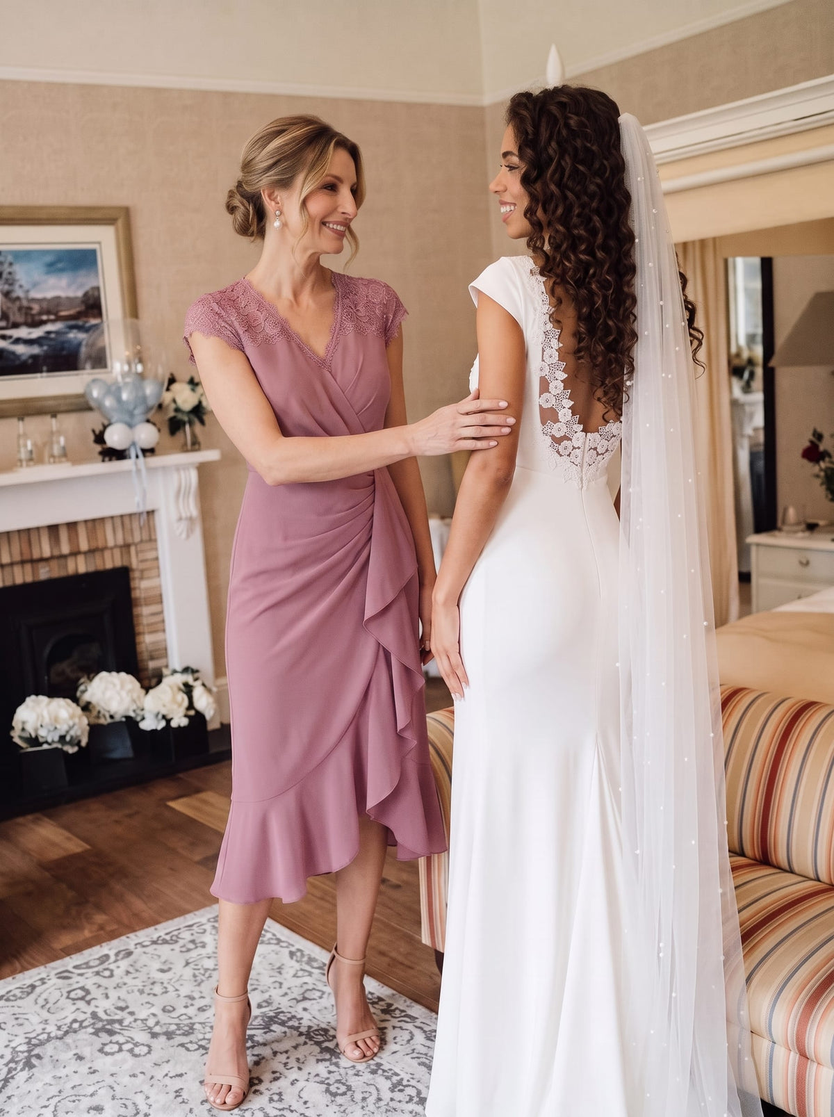 Elegant Cap Sleeve Lace Patchwork Midi Mermaid Wedding Guest Dress