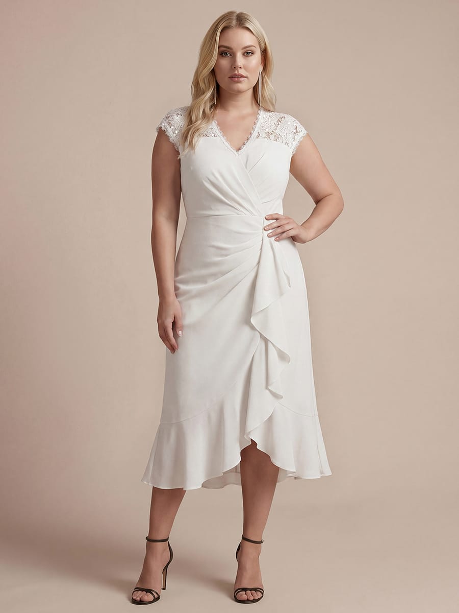 Elegant Cap Sleeve Lace Patchwork Midi Mermaid Wedding Guest Dress