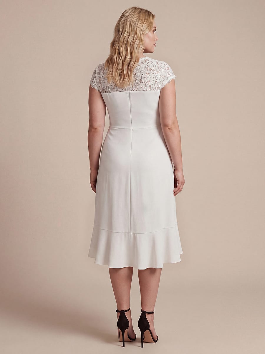 Elegant Cap Sleeve Lace Patchwork Midi Mermaid Wedding Guest Dress