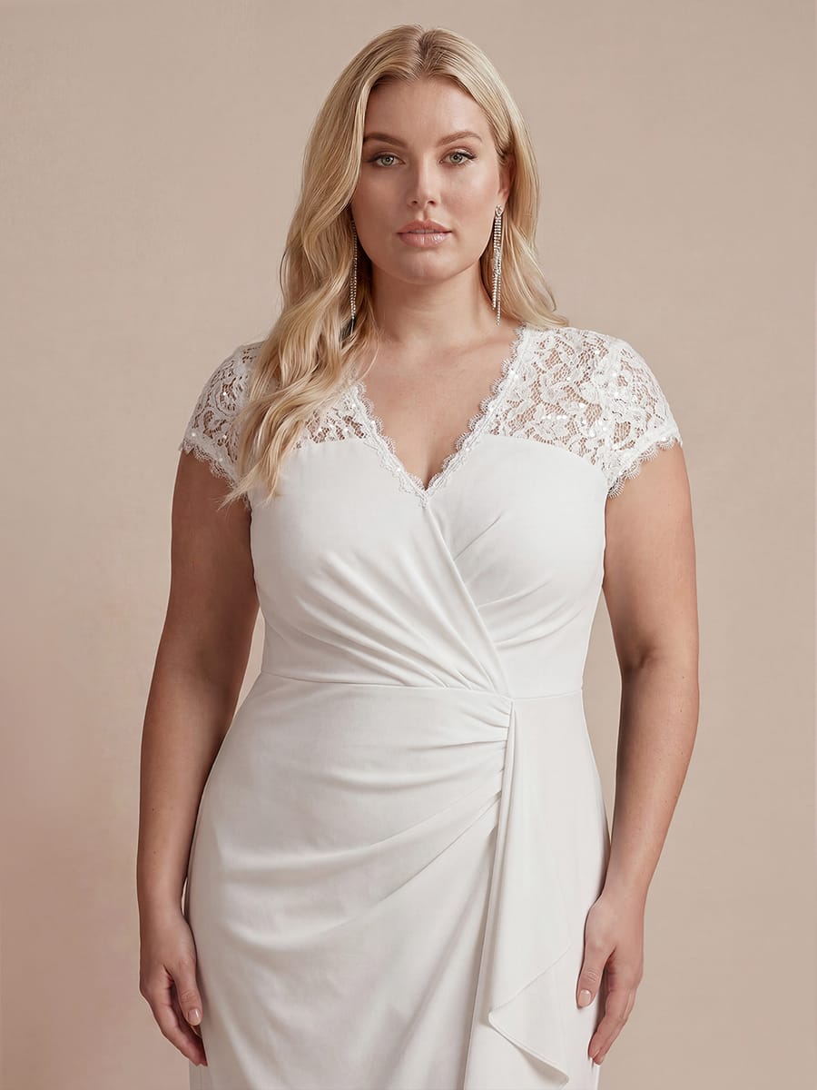 Elegant Cap Sleeve Lace Patchwork Midi Mermaid Wedding Guest Dress
