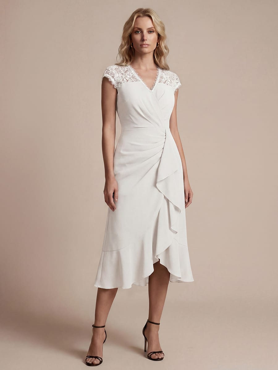 Elegant Cap Sleeve Lace Patchwork Midi Mermaid Wedding Guest Dress