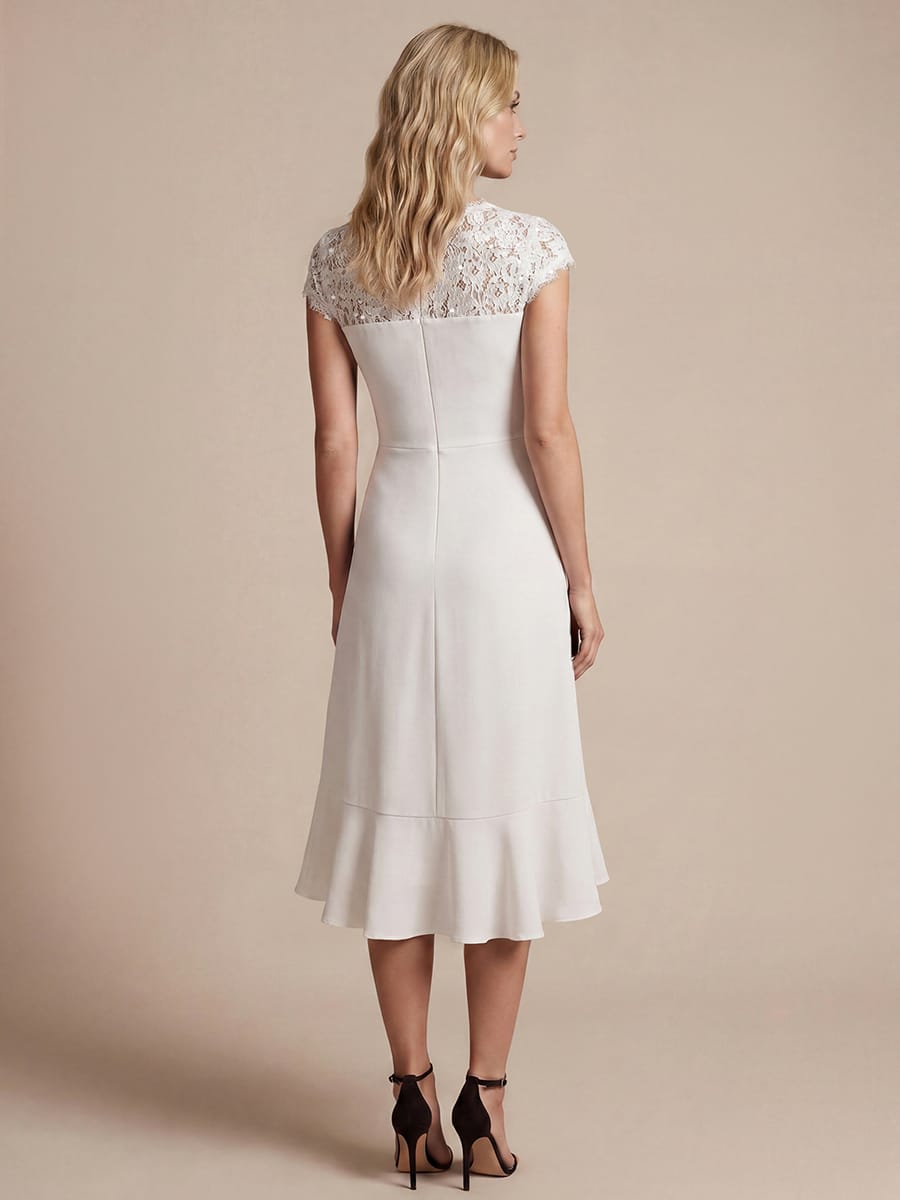 Elegant Cap Sleeve Lace Patchwork Midi Mermaid Wedding Guest Dress