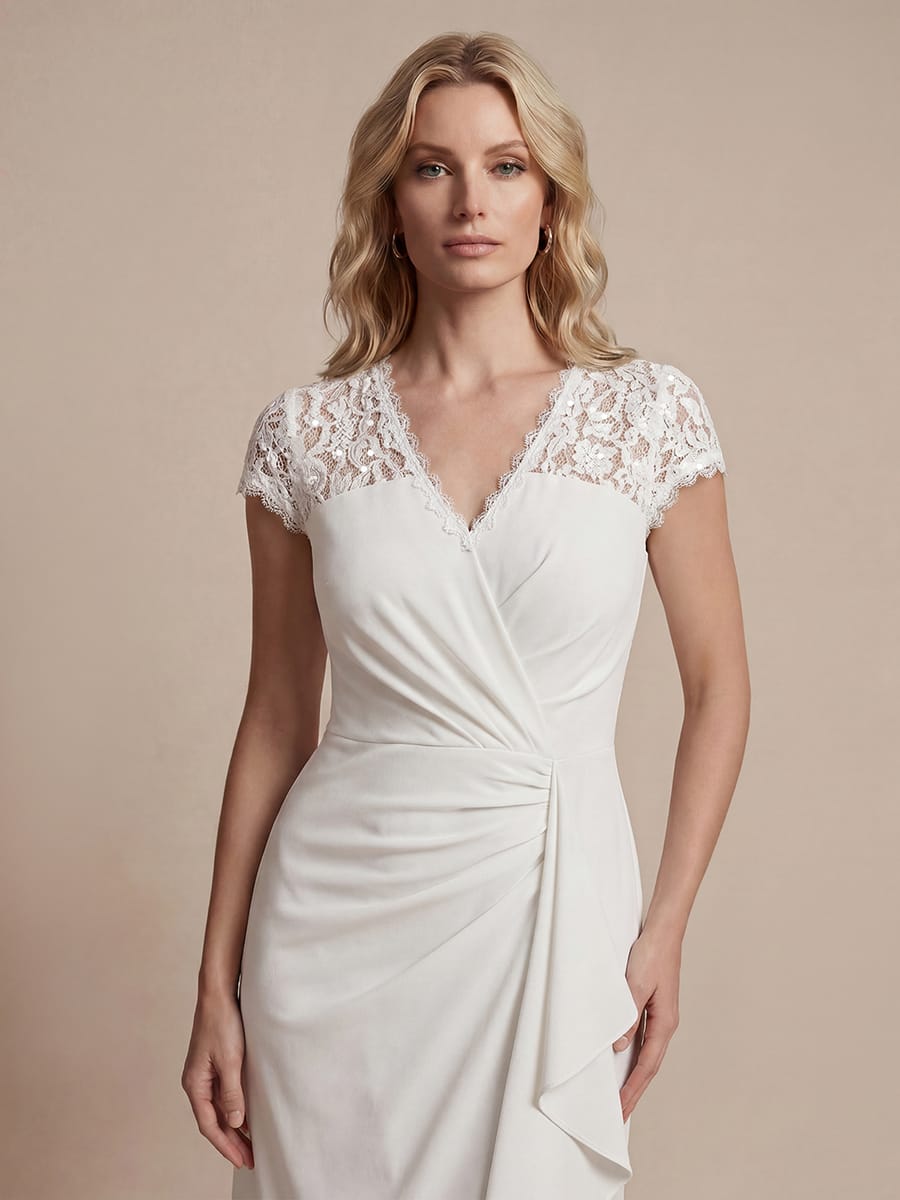 Elegant Cap Sleeve Lace Patchwork Midi Mermaid Wedding Guest Dress