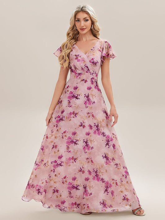 V-Neck Ruffle Sleeve Floral Bridesmaid Dress