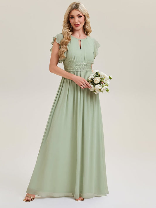 Elegant Open Back Bridesmaid Dress with Ruffled Sleeves